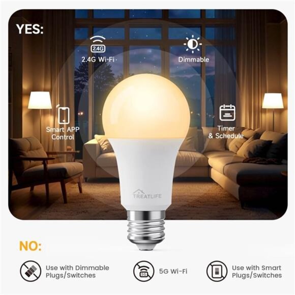 TREATLIFE Smart Light Bulbs 4Pack, 2500K-6500K Tunable White Dimmable LED Light - Picture 10 of 16
